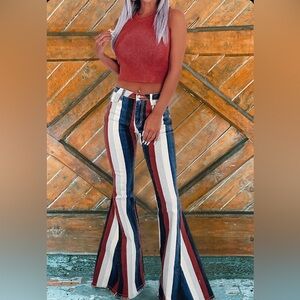 Chic Striped Flare Jeans in Red, White, and Blue
